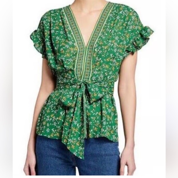 Max Studio Tops - Max Studio Green Floral Tie-Waist V-Neck Blouse
